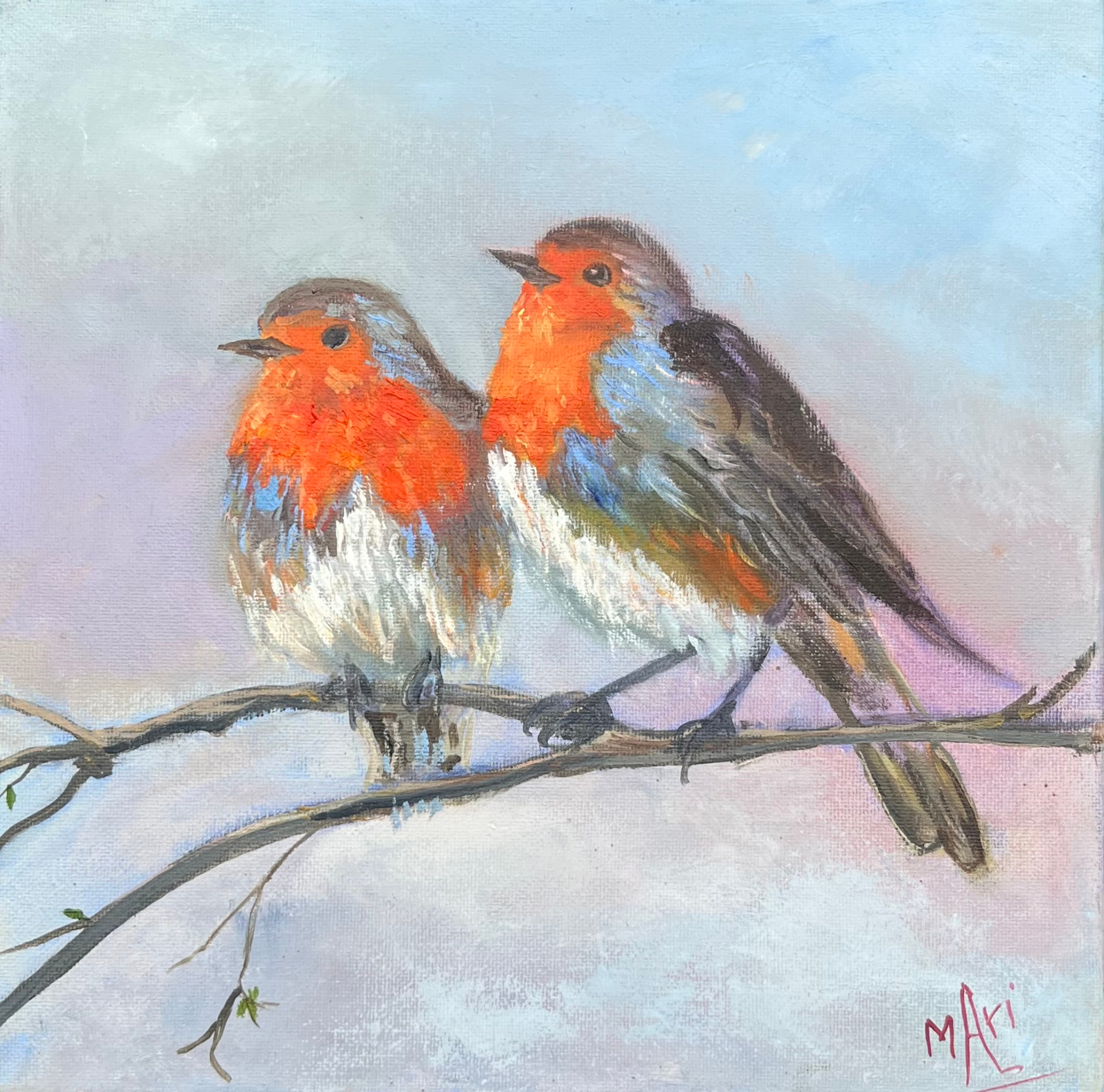 Anseo — two robins on a branch, original oil painting by Marie Kelly