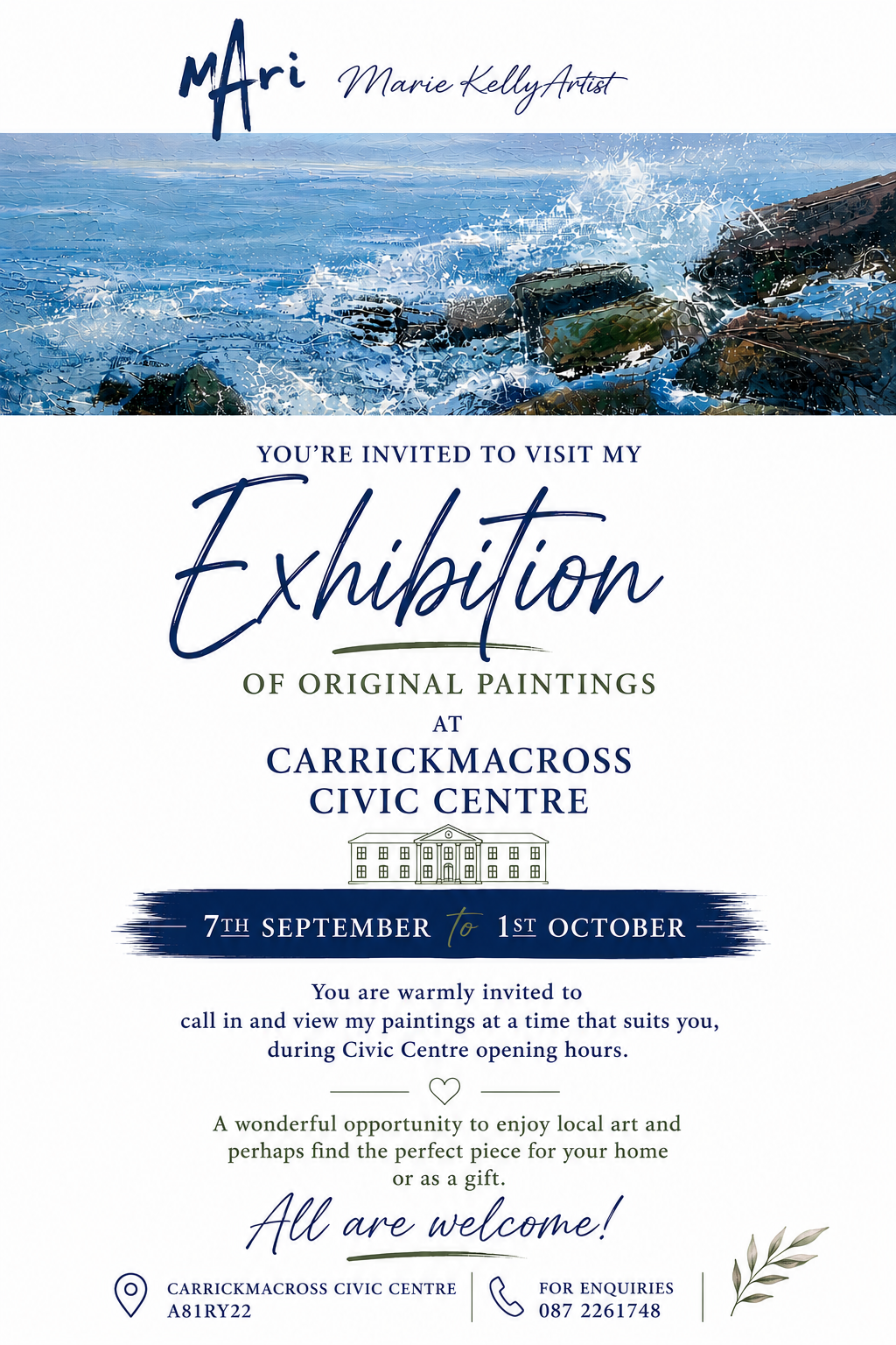 Exhibition of Original Paintings by Marie Kelly — 7 September to 1 October 2026, Carrickmacross Civic Centre