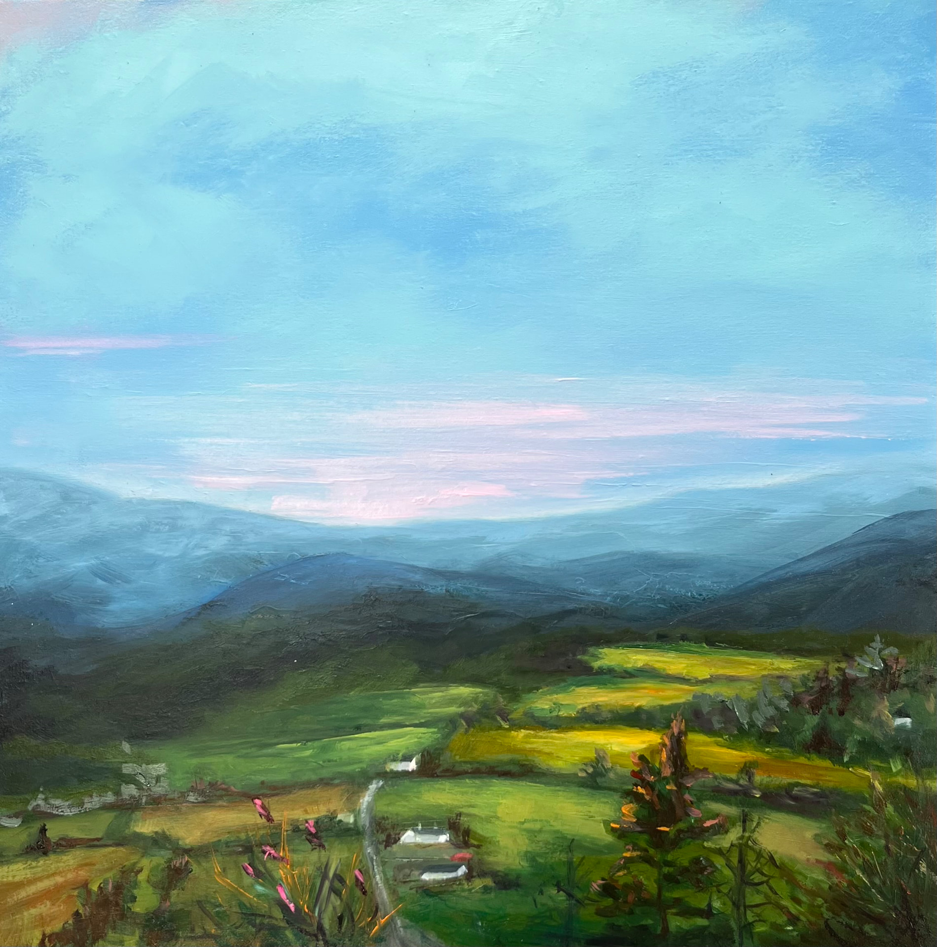 Cooley Slopes from Annaloughan — original oil on canvas painting of Co. Louth, 40 × 40 cm (canvas size), by Irish artist Marie Kelly