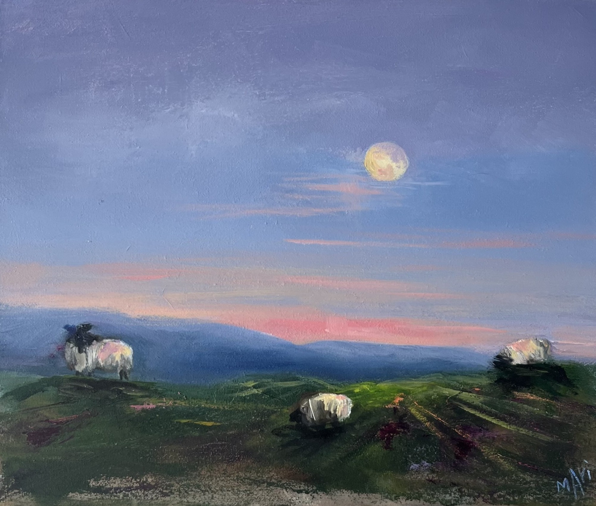 Three Wise Sheep — Cooley Mountains — original oil on linen, unframed painting of Co. Louth, 25 × 30 cm (canvas size), by Irish artist Marie Kelly