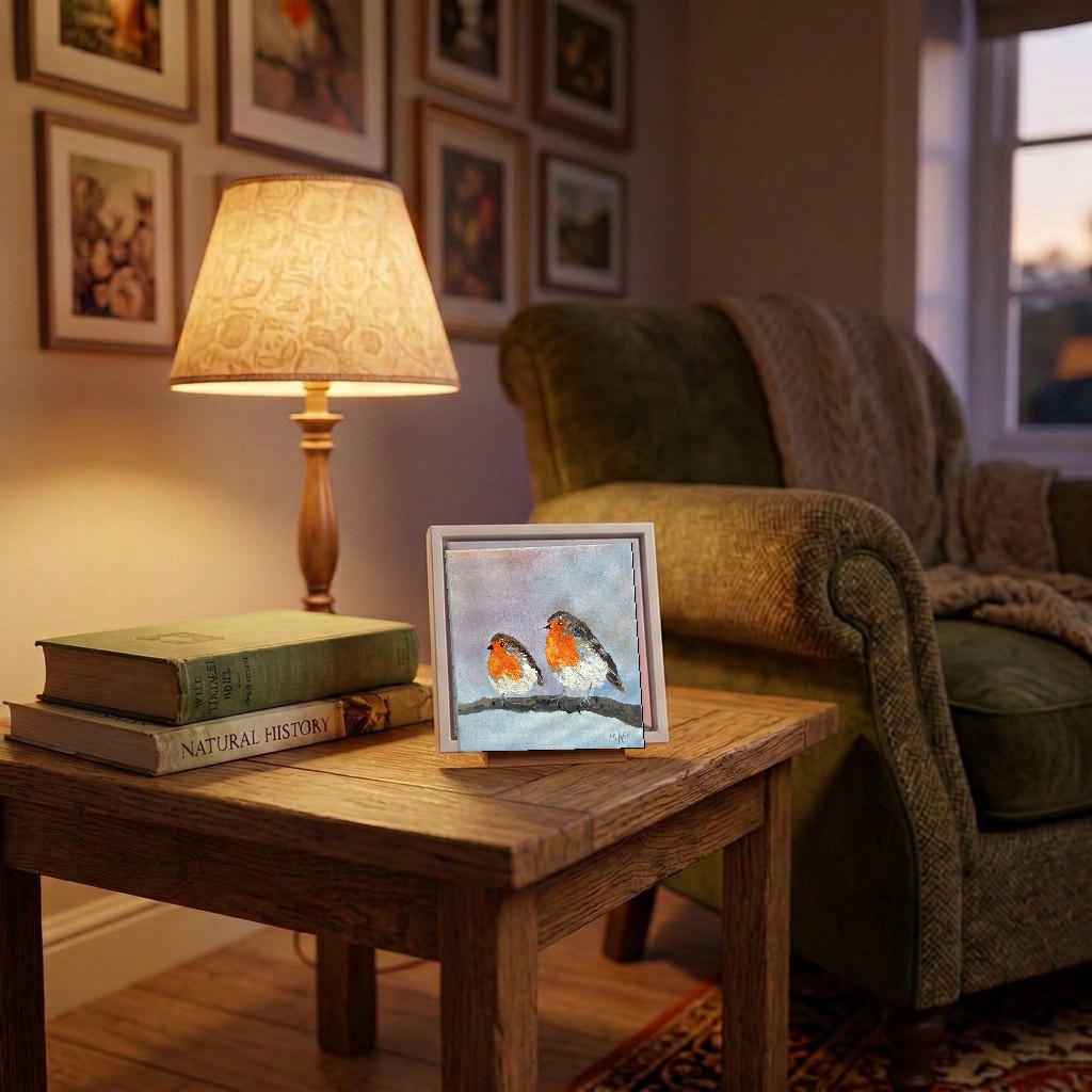 In situ — sitting on a side table, shown in a slim white frame, approximately 15 × 15 cm framed