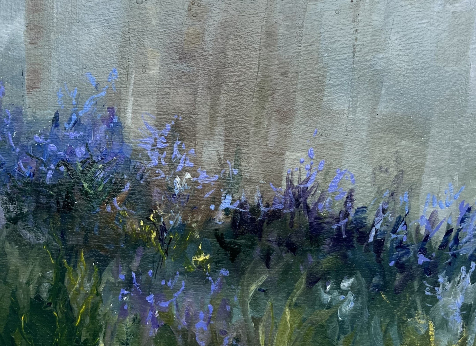 Detail of an oil painting of bluebells by Marie Kelly, showing rich brushwork