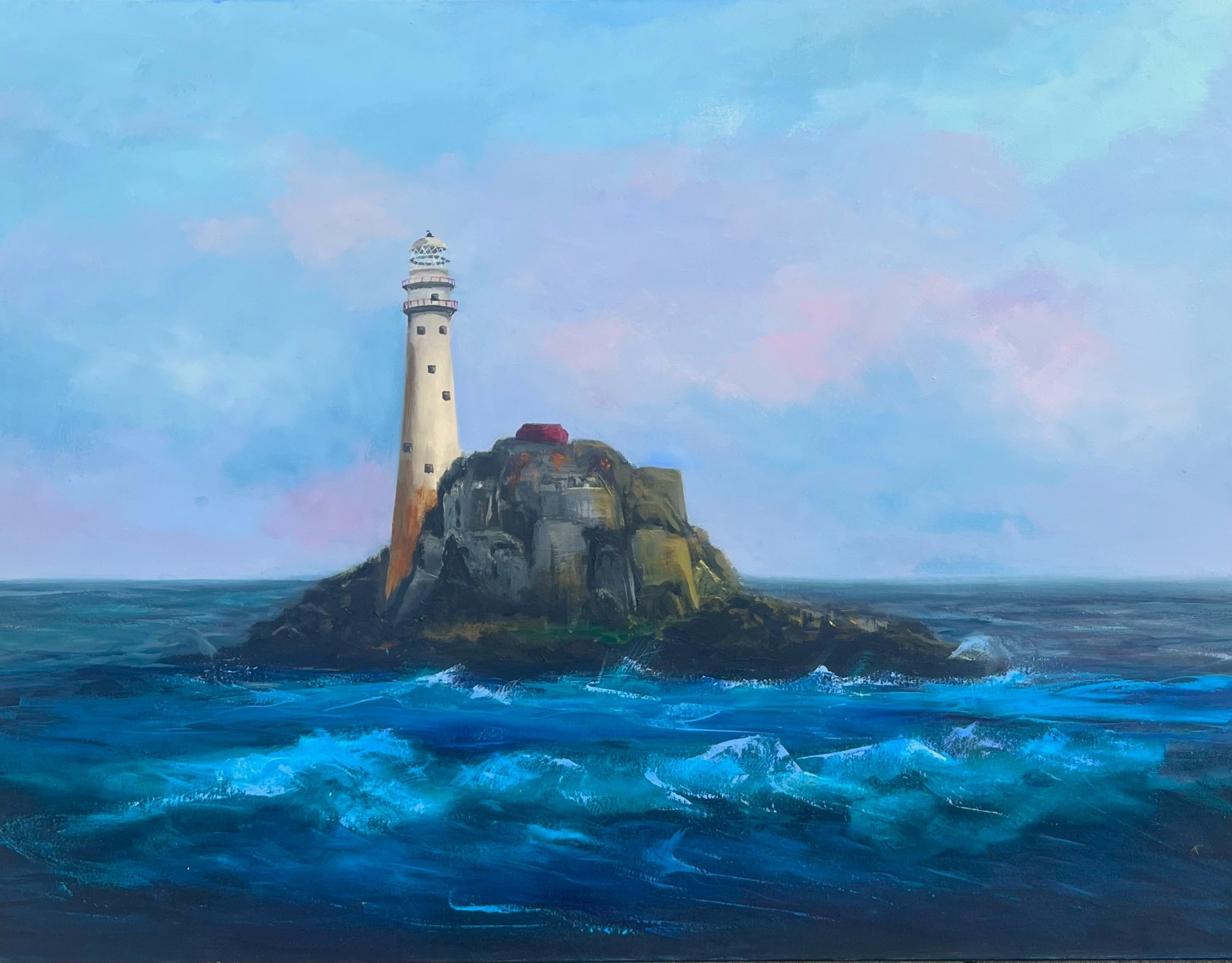 Fastnet Lighthouse (Larger Study) — Oil on canvas, framed, 60 × 80 cm, by Marie Kelly