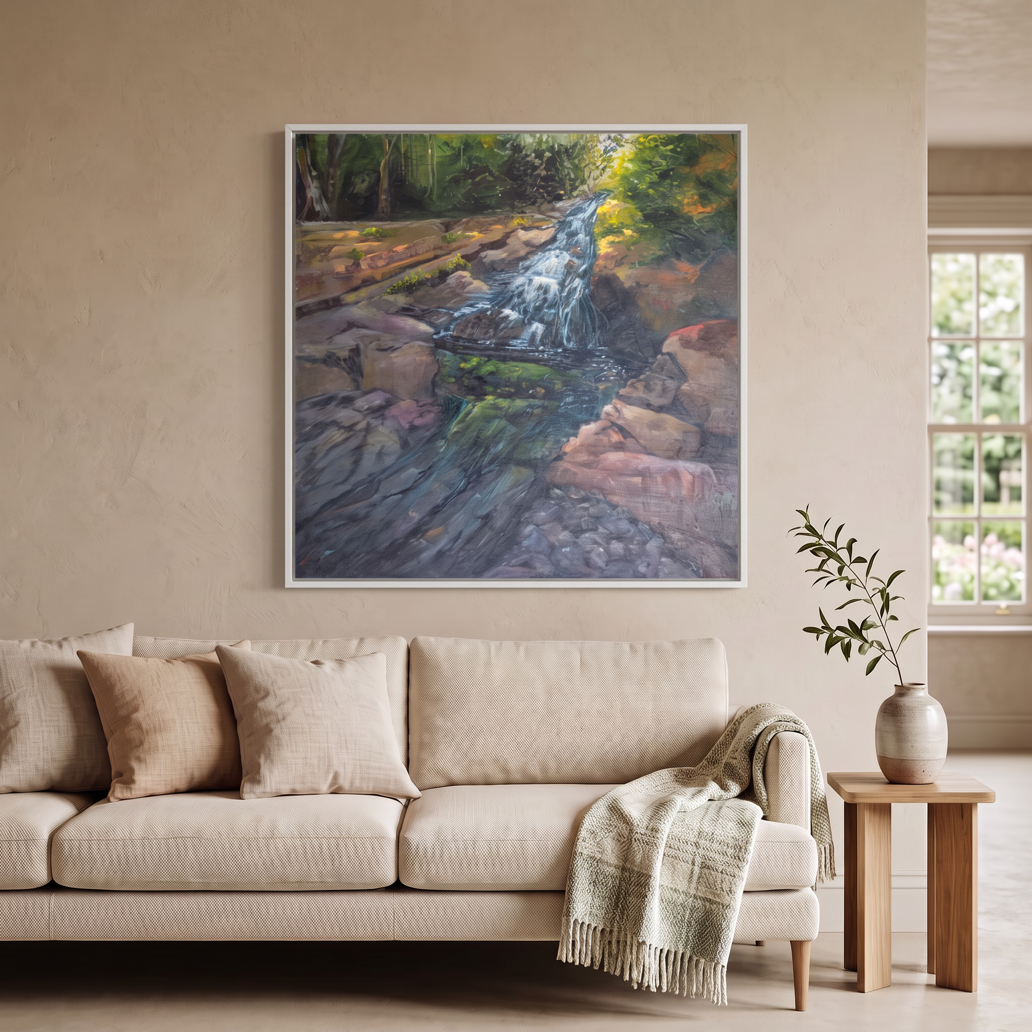 In situ — showing the scale of the 80 × 80 cm canvas in a home